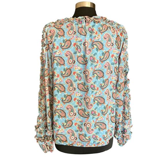 Boden Blue Multicolor Paisley Blouse Ruffle Trimmed Long Sleeve Popover Size 10 - Picture 4 of 11